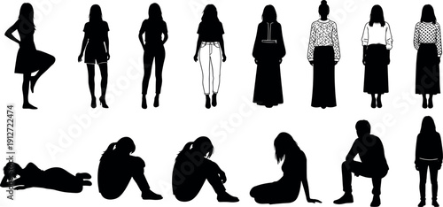 Diverse Collection of Female Silhouettes Featuring Various Poses Outfits Standing Sitting and Reclining Positions for Fashion Design and Lifestyle Vector Illustration