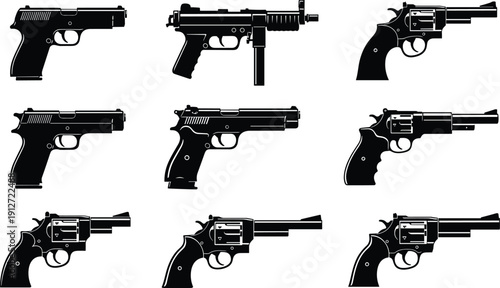 Large collection of handguns and revolvers silhouettes including pistols, automatic submachine guns, and classic barrels for security, defense, or law enforcement projects.