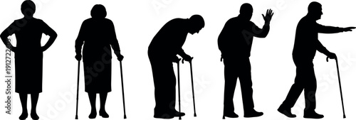 Elderly senior silhouettes collection featuring men and women with walking sticks canes and crutches in various standing and walking poses