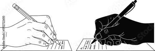 Line art and silhouette of hands writing with pencil and pen on paper, creative process and education concept for students and professionals