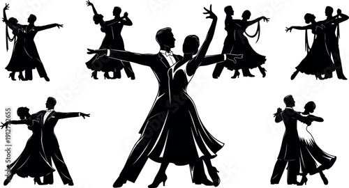 Elegant Ballroom Dance Silhouette Set Featuring Professional Couples Performing Waltz and Tango for Wedding Invitations, Gala Events, and Romantic Designs