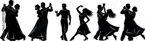 Elegant Ballroom Dance Silhouettes Set of Couples Dancing Waltz Tango and Salsa Isolated Vector Illustration for Romantic Wedding Event Design