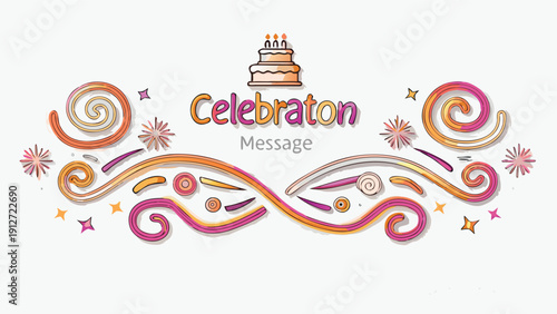Colorful celebration message with swirly patterns and cake isolated on transparent background