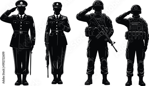 Military soldier silhouette set featuring army officers and tactical infantry saluting, wearing uniforms and combat gear for patriotic or defense themed designs.