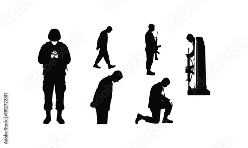 Set of vector silhouette illustration, line art design, for soldier, military, and warrior