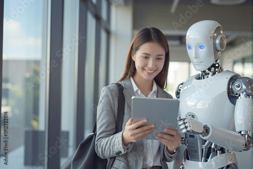 Woman and AI humanoid robot work together and collaborating while send job with tablet, symbolizing AI partnership help job