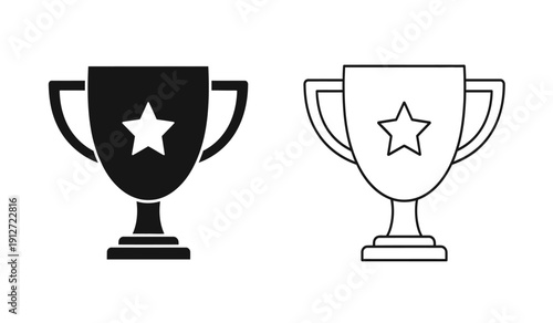 Two trophy cups with star symbol in black and white line art style for awards and recognition