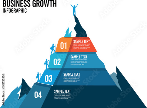 Business growth infographic template with mountain success concept, step timeline process, leadership achievement, and corporate strategy presentation design