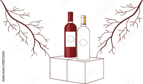 An isolated red wine bottle and glass with a blank label stand on a white background, featuring a sleek liquid reflection perfect for a winery celebration or bar beverage advertisement