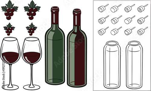 Isolated full red wine bottle and glass with a blank label and liquid reflection on a white background from a professional winery