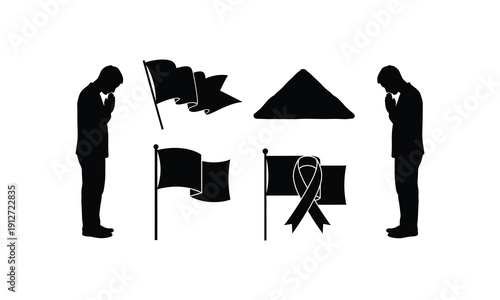 Silhouette figures bowing in respect, flags, pile and ribbon vector illustration