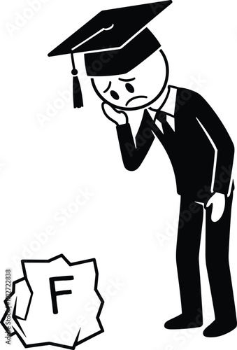 Sad graduate student stick figure feeling depressed after failing exam with crumpled paper grade F on floor, academic failure and disappointment concept.