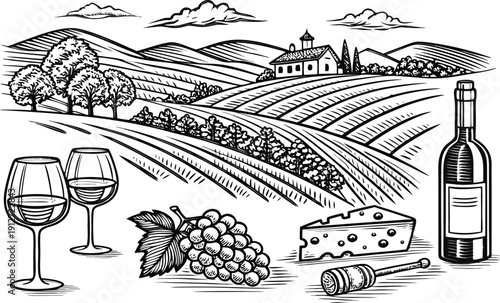 Vintage sketch illustration of a wine bottle and grapes in a black art style set against a farm landscape and vineyard field design
