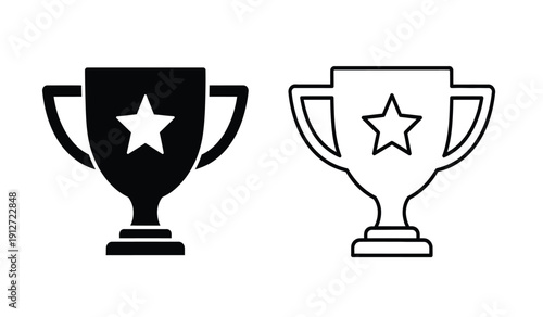 Black and white line art trophy icons with star symbol on isolated for awards and recognition