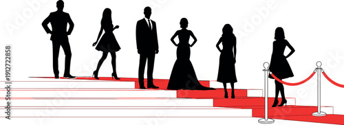 Elegant Silhouettes of Celebrities and Models Posing on a Red Carpet Staircase at a Glamorous Award Ceremony or Gala Event