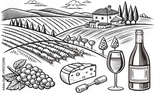 Vintage vector illustration of a set of wine bottles with grapes and glasses featuring an ancient Italian village landscape with old architecture and a church