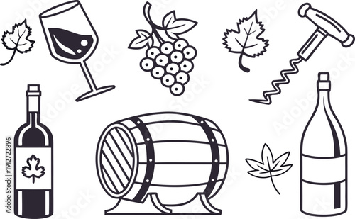 A vintage vector set of wine bottles and glasses featuring a sketch illustration of grapes and vine designs perfect for a restaurant menu or bar beverage icon