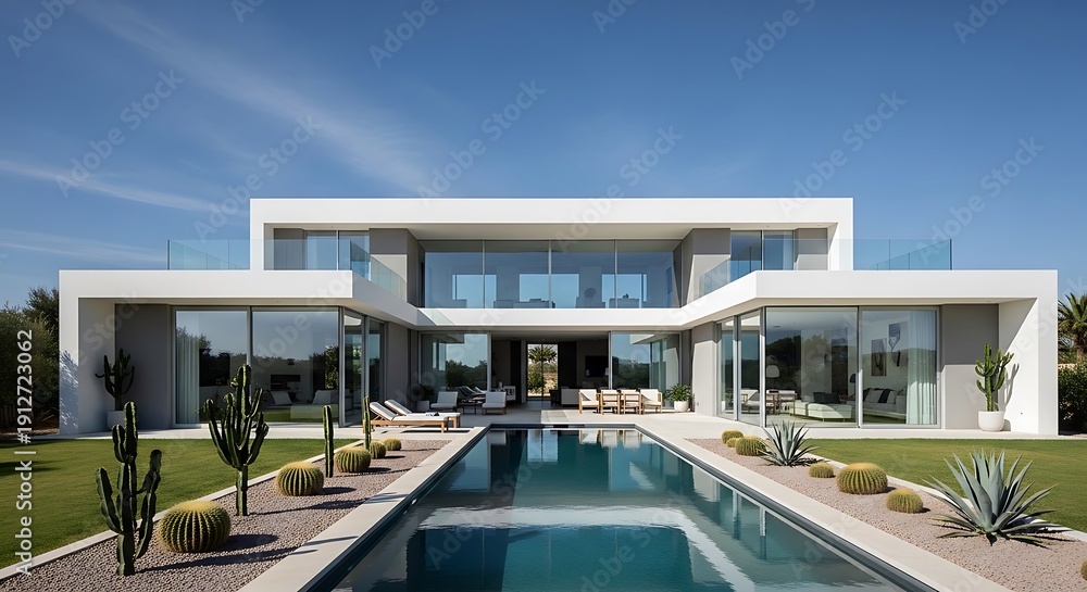 Fototapeta premium Stunning modern villa with pool and desert landscaping under blue skies