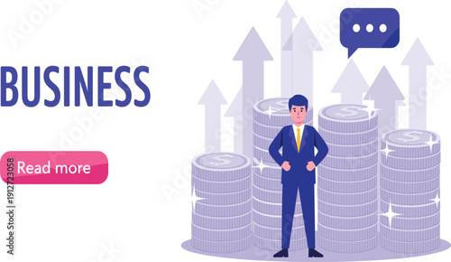 Business success concept illustration with confident businessman, stacked coins, financial growth arrows, and investment profit strategy design