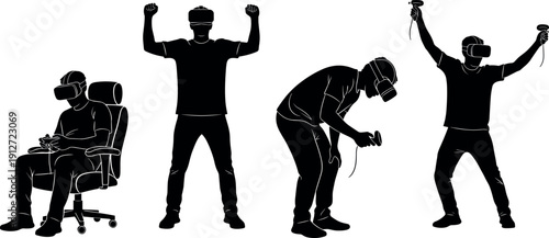 Man Wearing VR Headset Silhouette Set Showing Different Virtual Reality Gaming Poses Including Sitting In Chair And Standing Action Poses