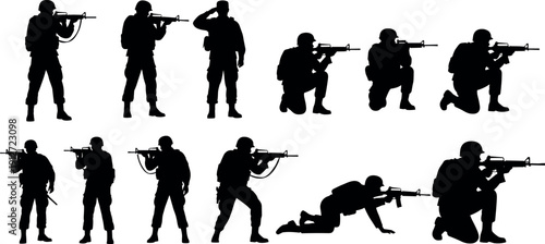 Military Soldier Silhouette Set with Infantry Personnel in Standing Kneeling and Crawling Tactical Poses Holding Rifles for Combat Mission Illustration