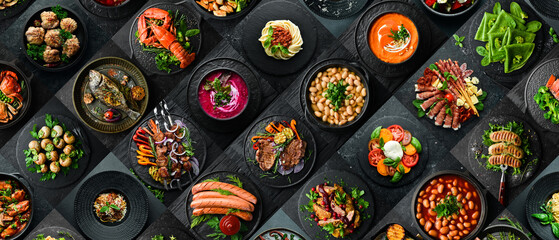 various different types of restaurant menu dishes in plates. Photo collage of food. Top view on black background.