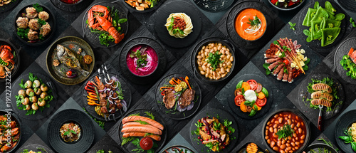 various different types of restaurant menu dishes in plates. Photo collage of food. Top view on black background.