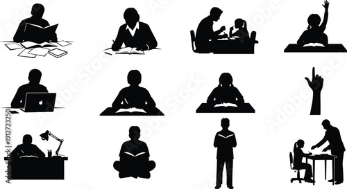 Set of silhouette icons depicting students reading books, using laptops, raising hands, studying at desks with lamps, and teacher assisting young learner.