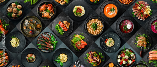 Food photo banner. Set of photos of dishes, salads, soups and hot snacks. Photo collage.