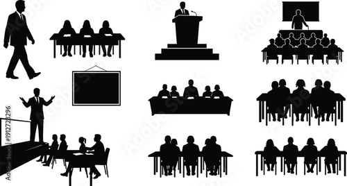 Set of silhouette icons featuring professional speakers, teachers giving lectures, students sitting at desks in classrooms, and people attending seminars or workshops.