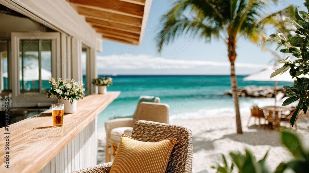 Fototapeta premium A serene beachside bar setting offers a refreshing drink amidst swaying palms and a vibrant ocean backdrop, ideal for relaxing and enjoying the beauty of nature.