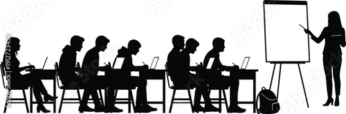 Silhouette of students sitting at desks with laptops while a female teacher gives a presentation on a whiteboard, education and training concept