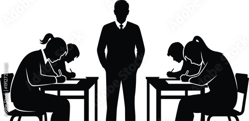 Silhouette of teacher or supervisor monitoring group of students during exam sitting at desks and writing in classroom, educational assessment concept.