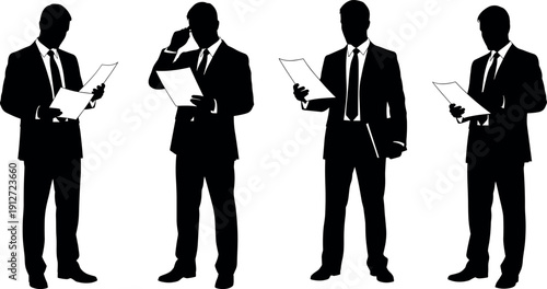 Professional Businessman Silhouette Set Holding Documents and Reading Reports for Corporate Office Work Executive Marketing and Financial Management Industry Vector