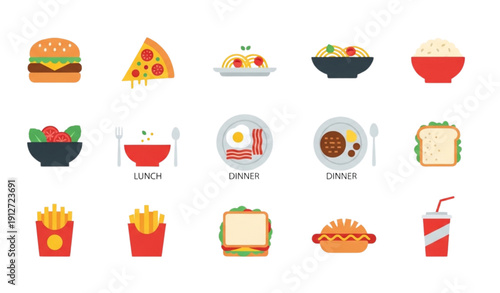 Minimal fast food and meal solid vector icons