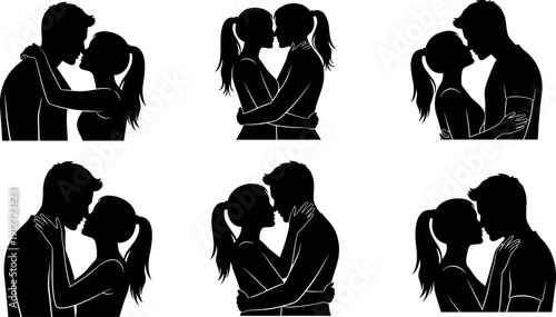Romantic Silhouette Collection of Diverse Couples Embracing and Kissing in Intimate Poses for Wedding Anniversary and Valentine Day Vector Illustration