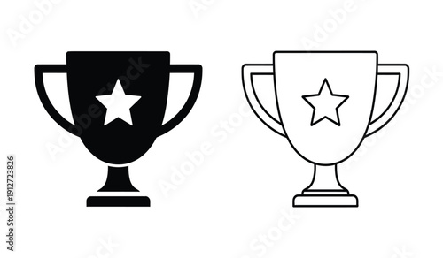 Black and white trophy icons with star symbol in simple line art style for awards and recognition