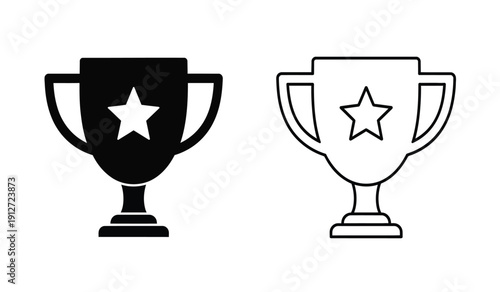 Black and white trophy icons with star symbol in modern line art style for awards and recognition