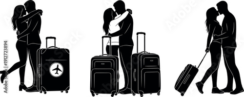 Romantic silhouette set of couples hugging and kissing with suitcases at airport for travel departure arrival and long distance relationship