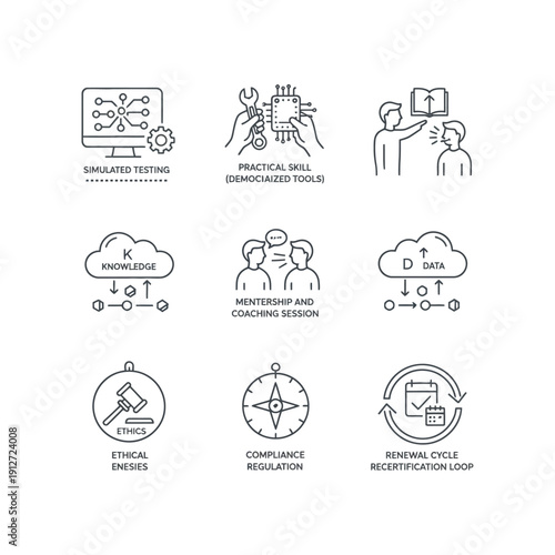 professional development  business training line icons illustrating practical skills knowledge data ethics compliance recertification.