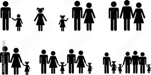 Inclusive family silhouette icons showing diverse family structures with adults and children, perfect for demographics, social services, and design projects.