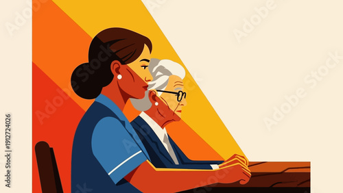 professional senior woman and young caregiver collaboration a graphic side profile illustration depicting intergenerational support.
