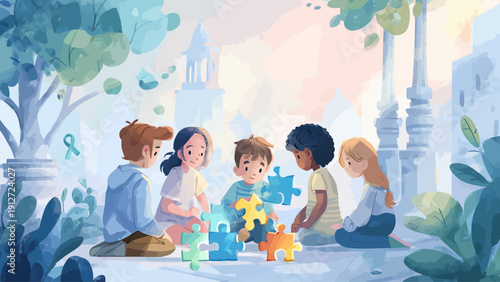 Diverse young friends cooperatively assemble a puzzle, symbolizing inclusion, unity, and shared understanding in a peaceful outdoor setting