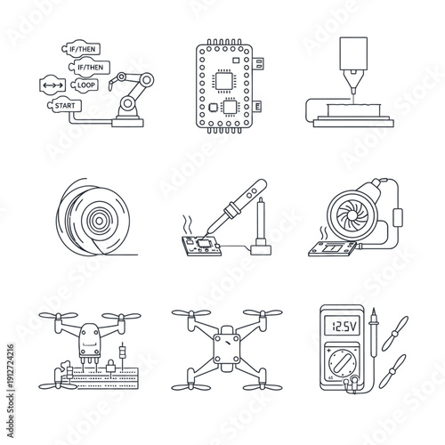 robotics electronics development icon set programming circuit boards 3d printing soldering drone assembly stem.