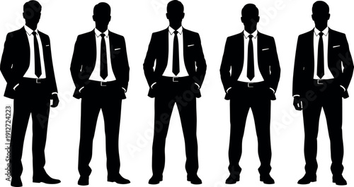 Set of five professional male silhouettes wearing elegant business suits and ties standing in various poses for corporate office design