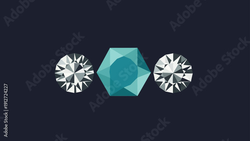 round brilliant cut diamonds and a vibrant teal hexagonal gemstone on dark background representing luxury jewelry and precious gem design.