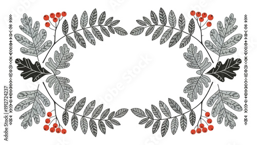 rustic folk art autumn leaves and red berries frame with ornamental borders on white ideal for seasonal thanksgiving designs.