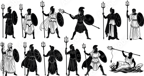 Set of Greek God Poseidon Silhouettes Holding Trident and Shield Ancient Mythology Warrior Icons for Historical Illustration and Vector Design