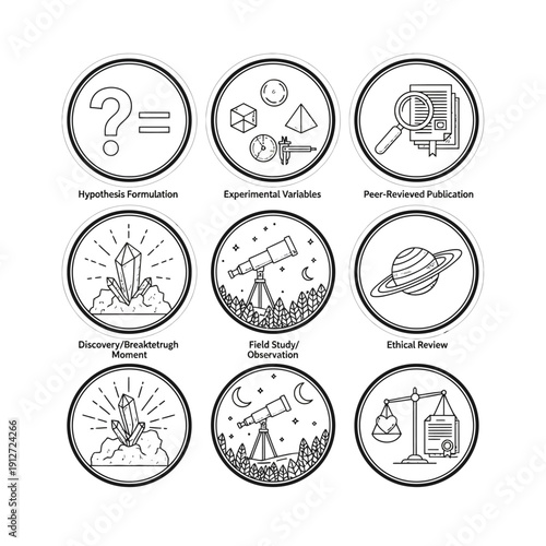 scientific research process icons illustrating hypothesis experimental variables discovery peer review field study and ethics.