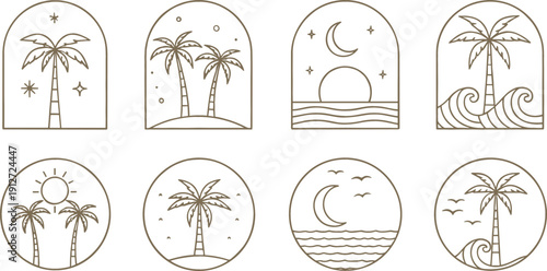 Tropical beach and palm tree icon set with sun moon ocean waves minimalist line art vector design